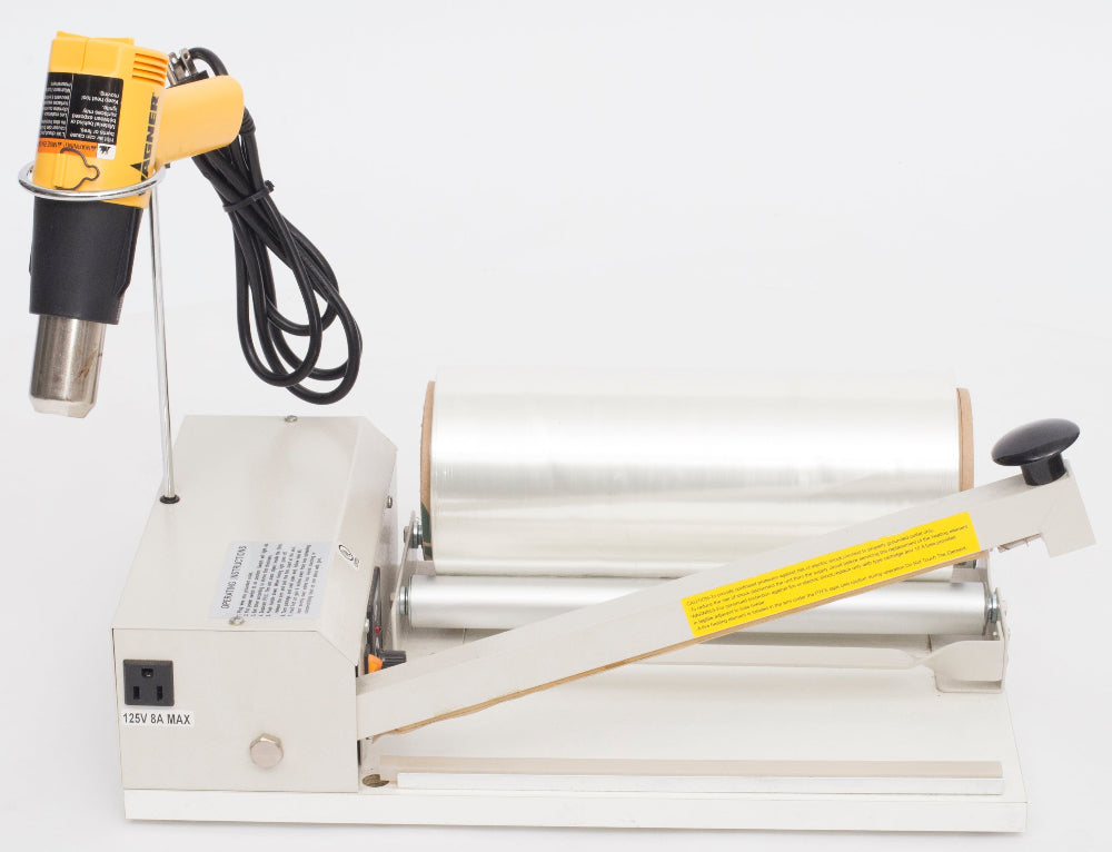 I bar sealer with heat gun, shrink film, film rack, and sealer