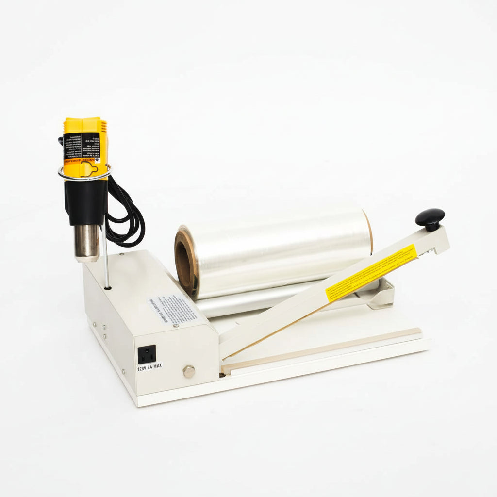 I bar sealer front with film, gun in holder, and sealing bar open