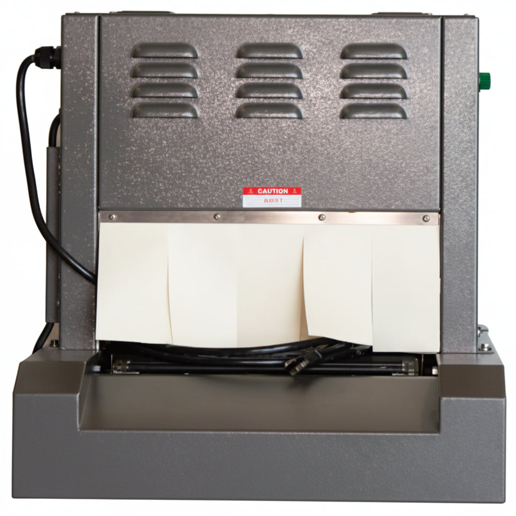 TL-1606-20 shrink tunnel exit with power cord showing a standard 120 plug