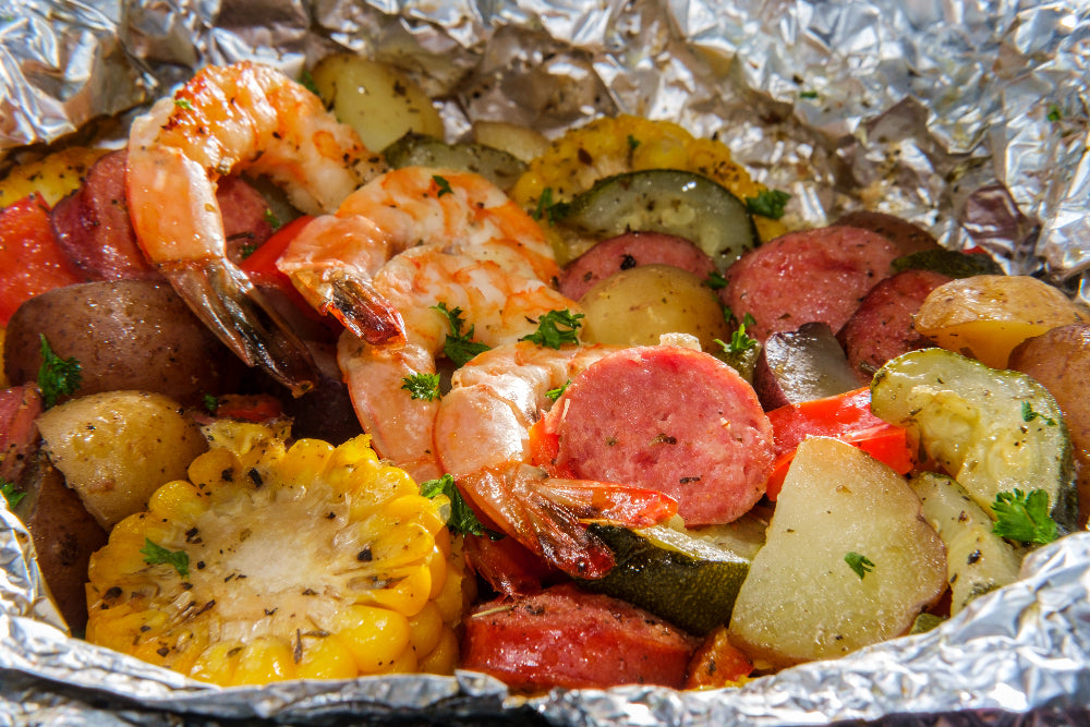 BBQ Foil with sausage, shrimp, corn, and potatoes